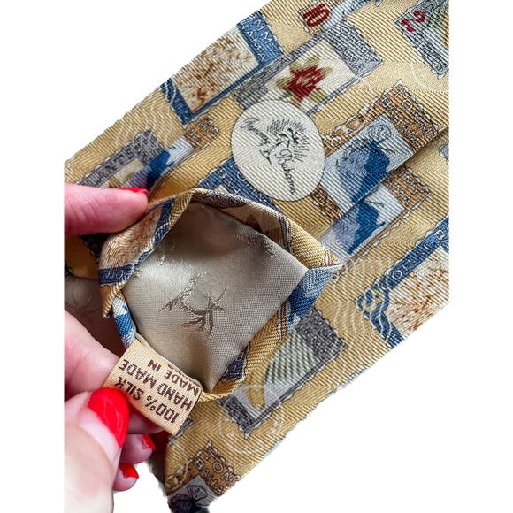 Tommy Bahama Vintage 100% Silk Tropical Postage Stamp Tie Necktie yellow 4"w - Picture 4 of 5